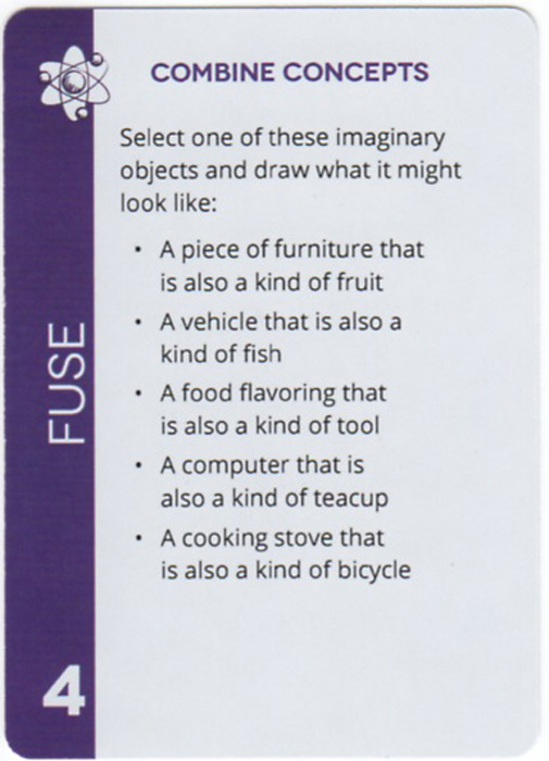 Combine Concepts. Select one of these imaginary objects and draw what it might look like: A piece of furniture that is also a kind of fruit, A vehicle that is also a kind of fish, A food flavoring that is also a kind of tool, A computer that is also a kind of teacup, A cooking stove that is also a kind of bicycle