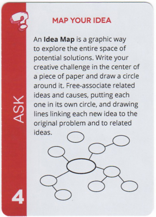 Map Your Idea. An Idea Map is a graphic way to explore the entire space of potential solutions. Write your creative challenge in the center of a piece of paper and draw a circle around it. Free-associate related ideas and causes, putting each one in its own circle, and drawing lines linking each new idea to the original problem and to related ideas.